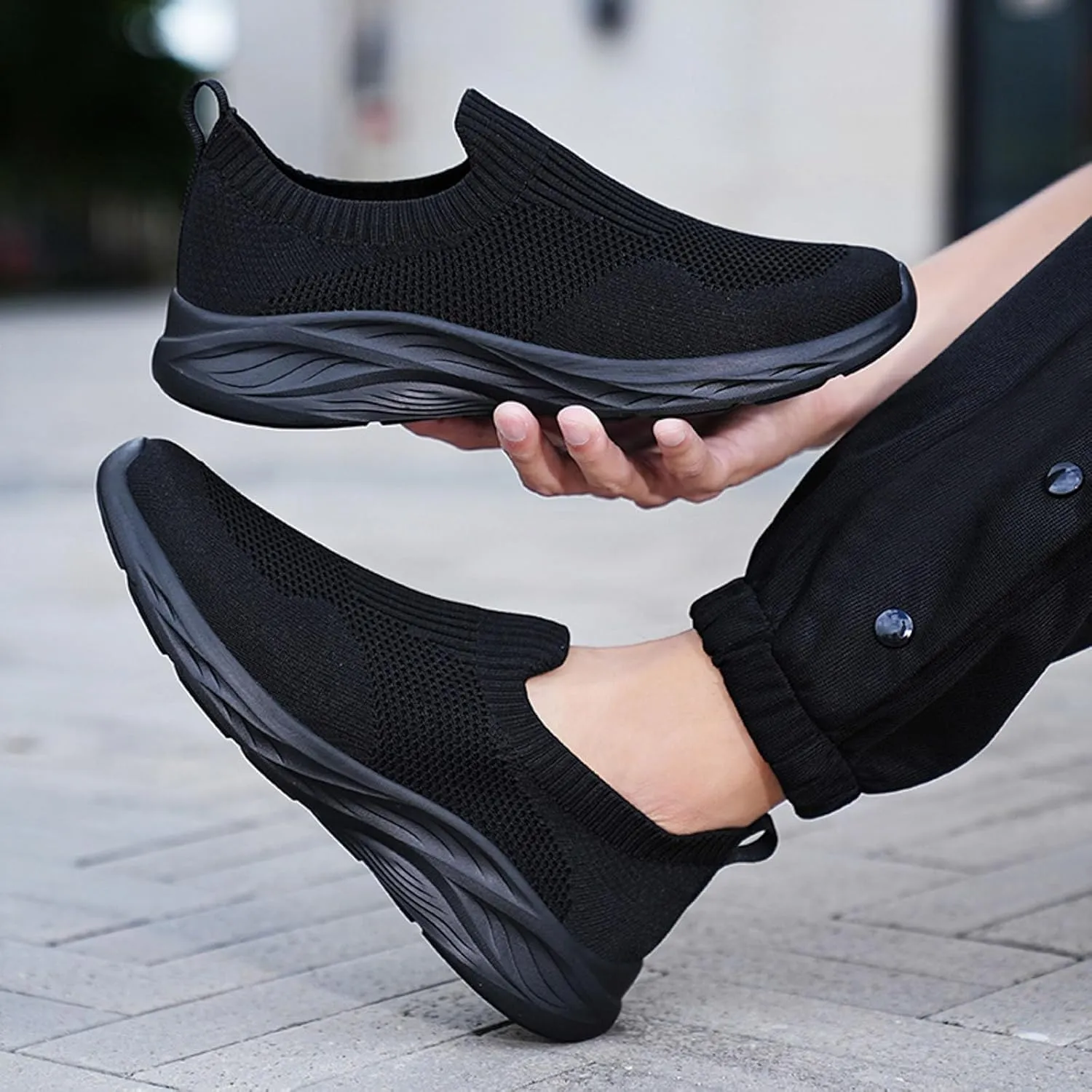 Men's Slip On Sock Shoes Breathable Elastic Knit Sneakers Lightweight Cushion Walking Shoes Non Slip Elderly Shoe