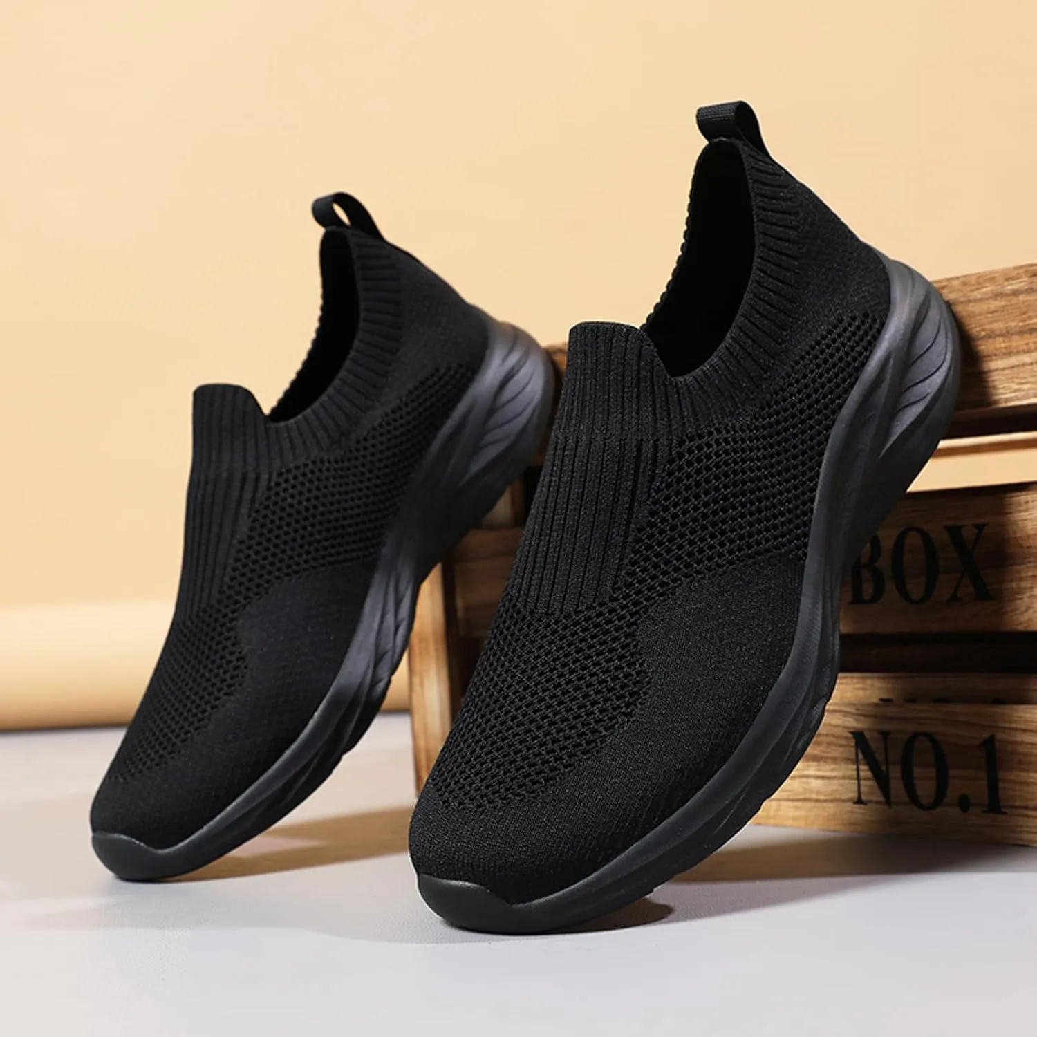 Men's Slip On Sock Shoes Breathable Elastic Knit Sneakers Lightweight Cushion Walking Shoes Non Slip Elderly Shoe