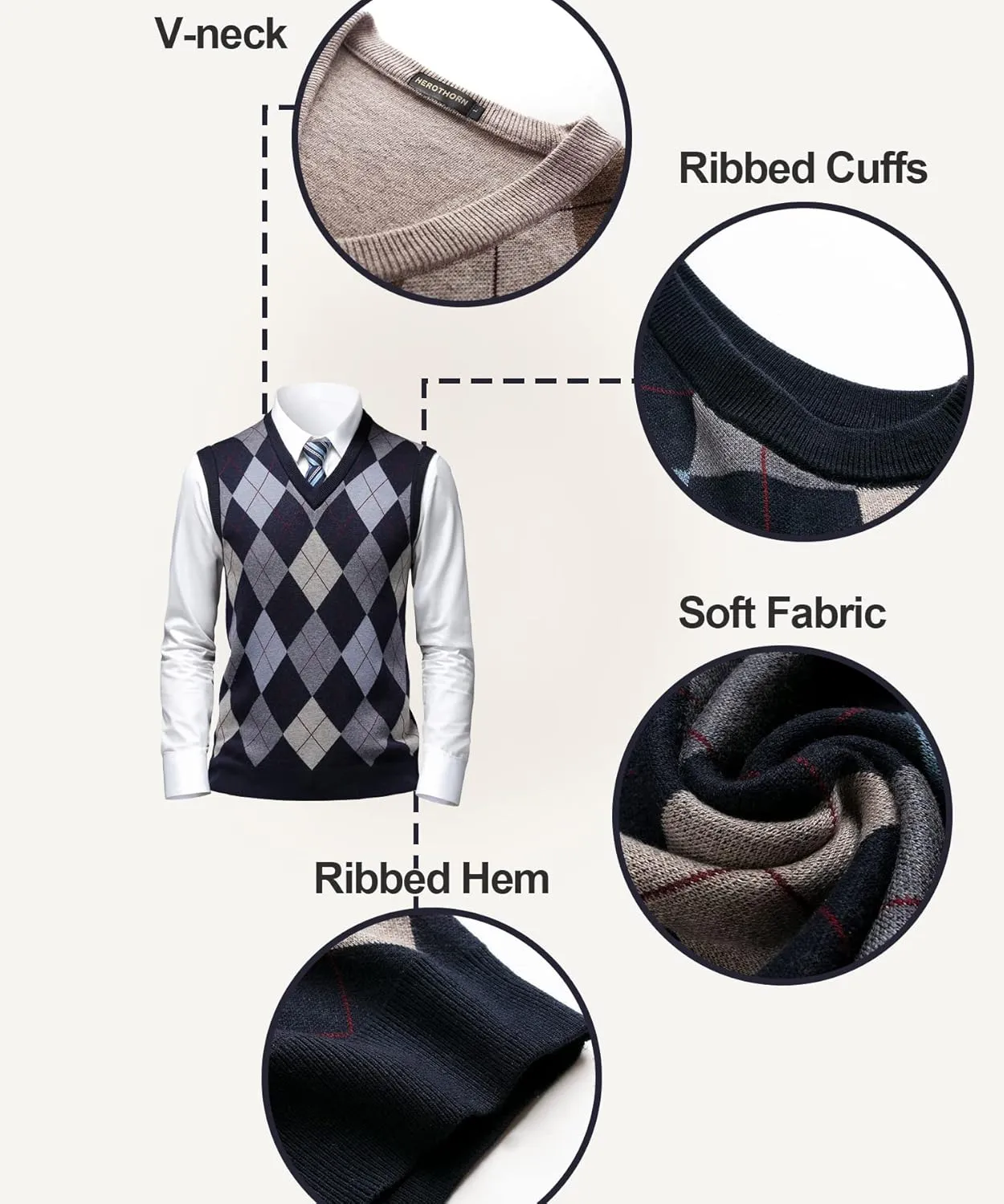 Mens Thick Argyle Sweater Vests Classic V-Neck Knitwear Sleeveless Pullover Autumn Winter Warm Tank Tops