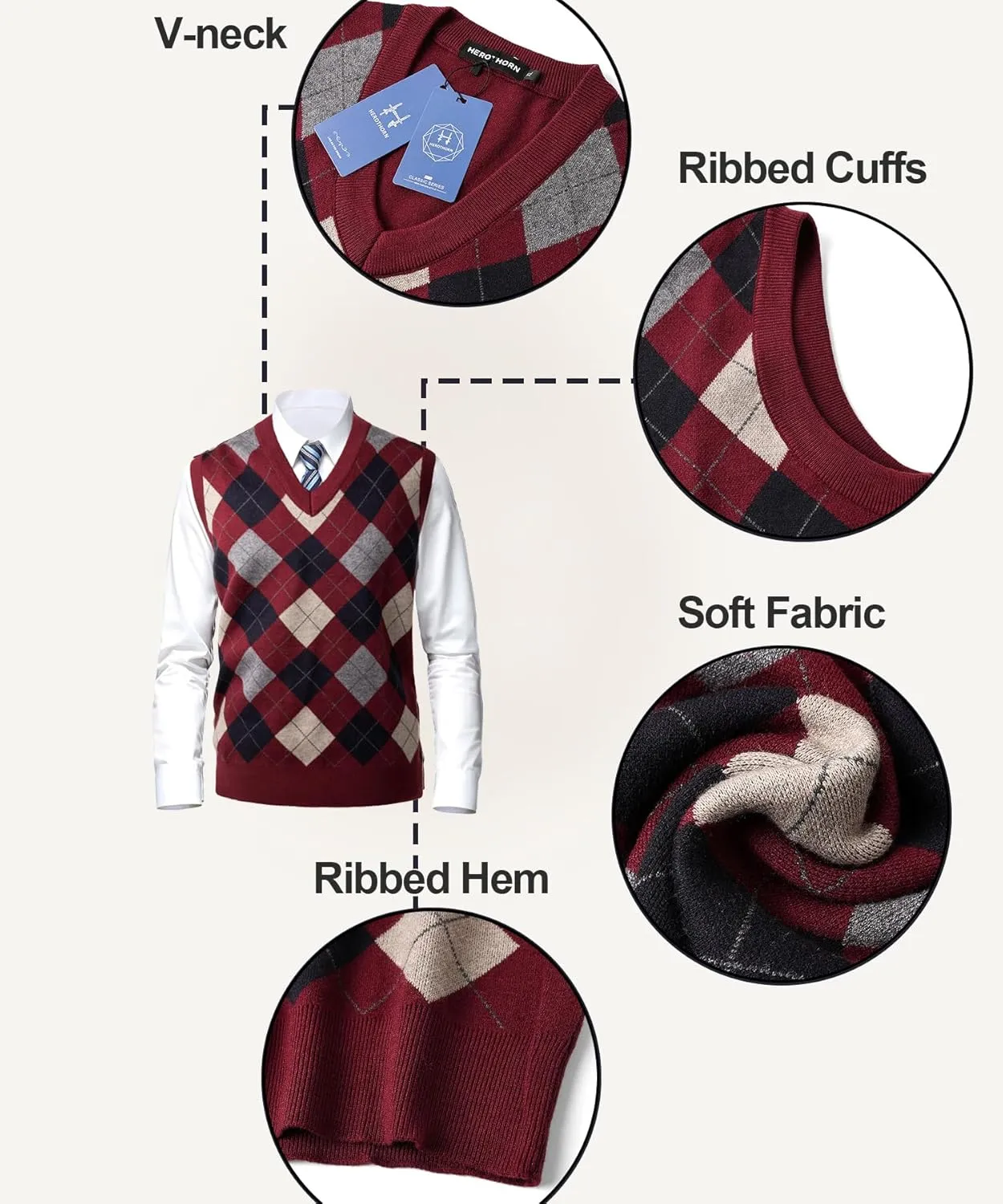 Mens Thick Argyle Sweater Vests Classic V-Neck Knitwear Sleeveless Pullover Autumn Winter Warm Tank Tops