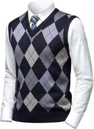 Mens Thick Argyle Sweater Vests Classic V-Neck Knitwear Sleeveless Pullover Autumn Winter Warm Tank Tops
