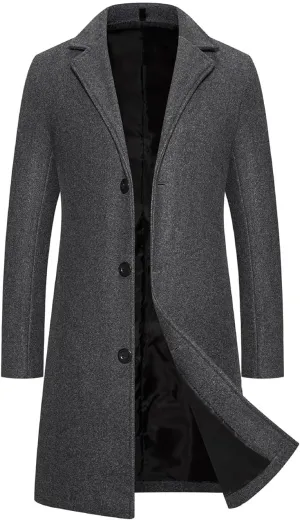 Men's Trench Overcoat Classic Single Breasted Mid Long Trench Coat Top Notched Lapel Collar Pea Coats Jackets for Men