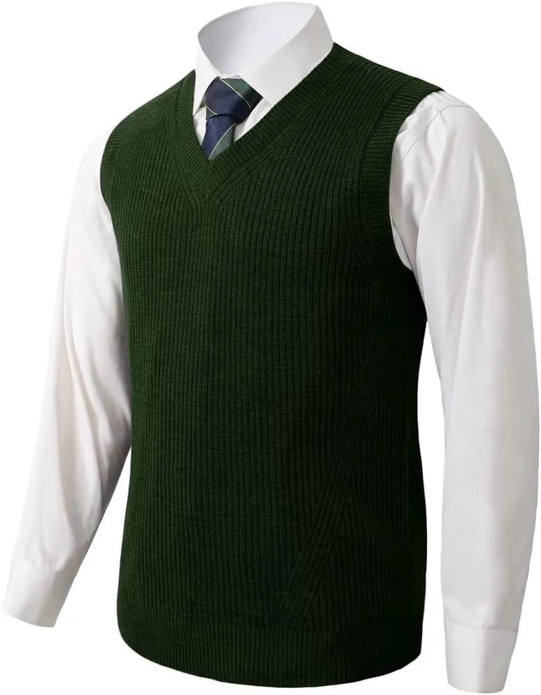 Mens V-Neck Knitted Sweater Vest Solid Plain Sleeveless Pullover Knitwear Loose Fit All Match Sweater Tops
