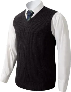 Mens V-Neck Knitted Sweater Vest Solid Plain Sleeveless Pullover Knitwear Loose Fit All Match Sweater Tops