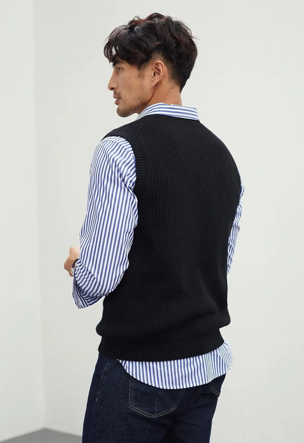 Mens V-Neck Knitted Sweater Vest Solid Plain Sleeveless Pullover Knitwear Loose Fit All Match Sweater Tops