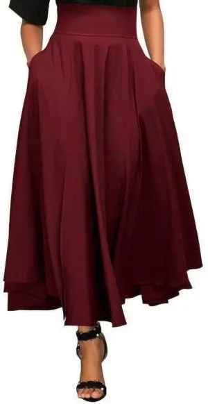 Midi Skirts for Waist Solid Skirt Elegant Womens Pleated Maxi Elastic Skirts High Waist Pleated A-Line Double