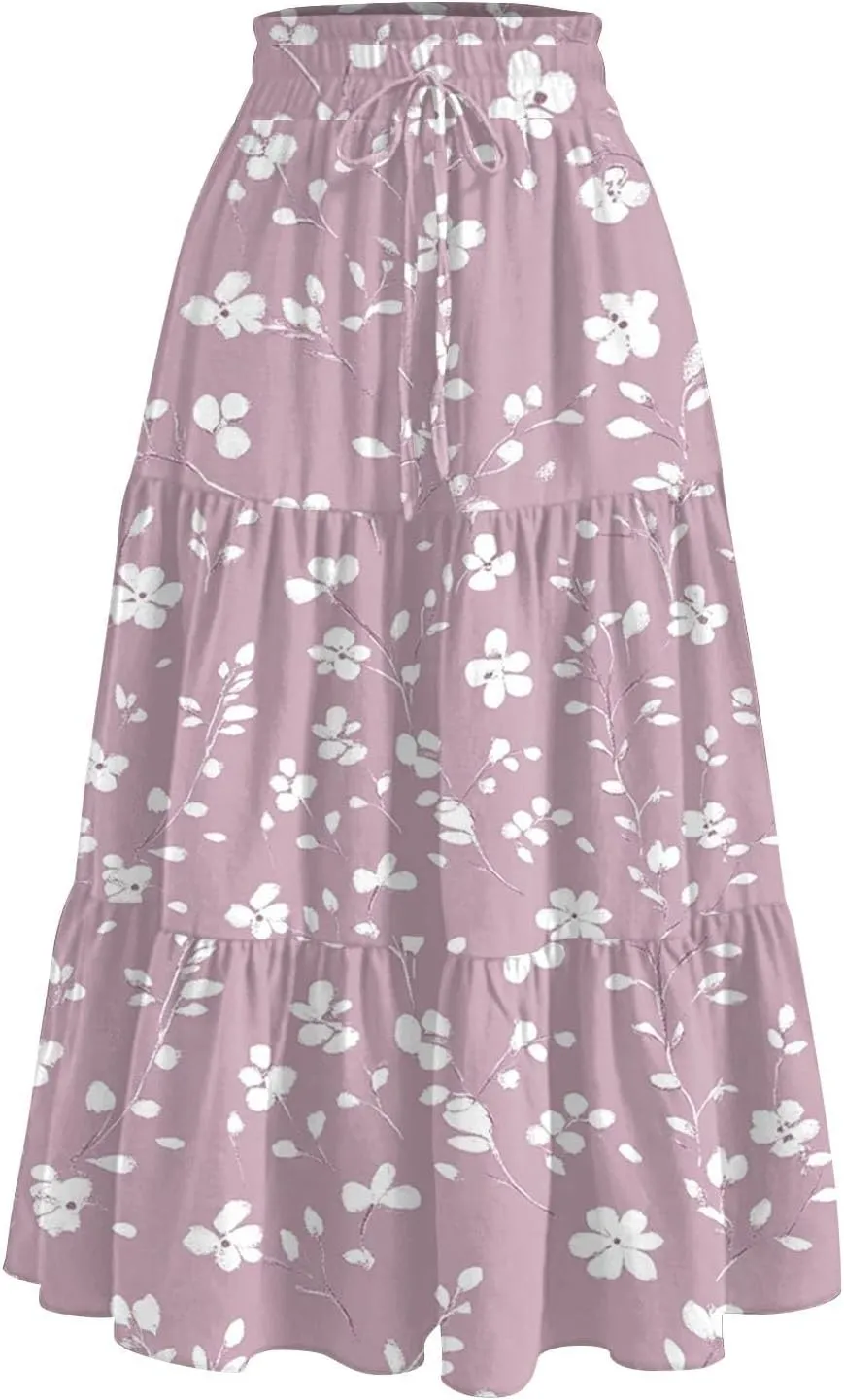 Midi Skirts for Women 2025 Boho Floral Skirts High Elastic Waisted A Line Tiered Ruffle Skirt Flowy Skorts with Pockets