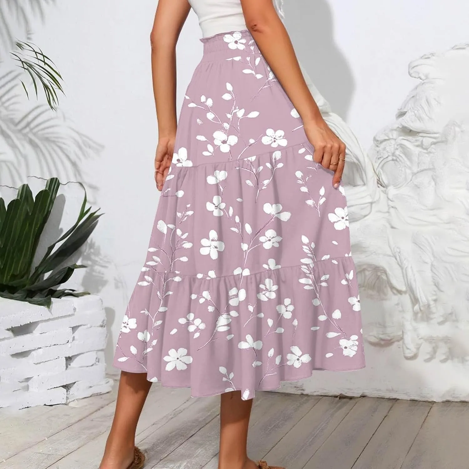 Midi Skirts for Women 2025 Boho Floral Skirts High Elastic Waisted A Line Tiered Ruffle Skirt Flowy Skorts with Pockets