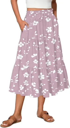 Midi Skirts for Women 2025 Boho Floral Skirts High Elastic Waisted A Line Tiered Ruffle Skirt Flowy Skorts with Pockets
