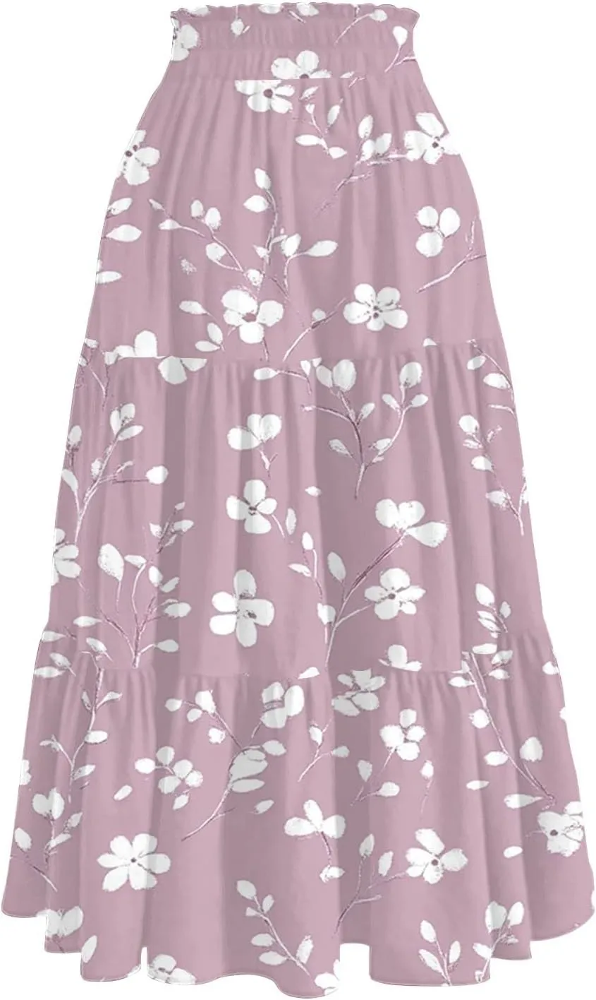 Midi Skirts for Women 2025 Boho Floral Skirts High Elastic Waisted A Line Tiered Ruffle Skirt Flowy Skorts with Pockets