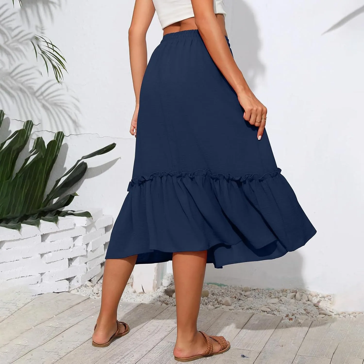 Midi Skirts for Women Casual Summer Boho Flowy Swing Ruffle Tiered A-Line Elastic Tie Waist Pleated Long Skirt Dress