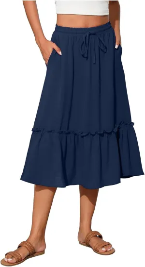 Midi Skirts for Women Casual Summer Boho Flowy Swing Ruffle Tiered A-Line Elastic Tie Waist Pleated Long Skirt Dress