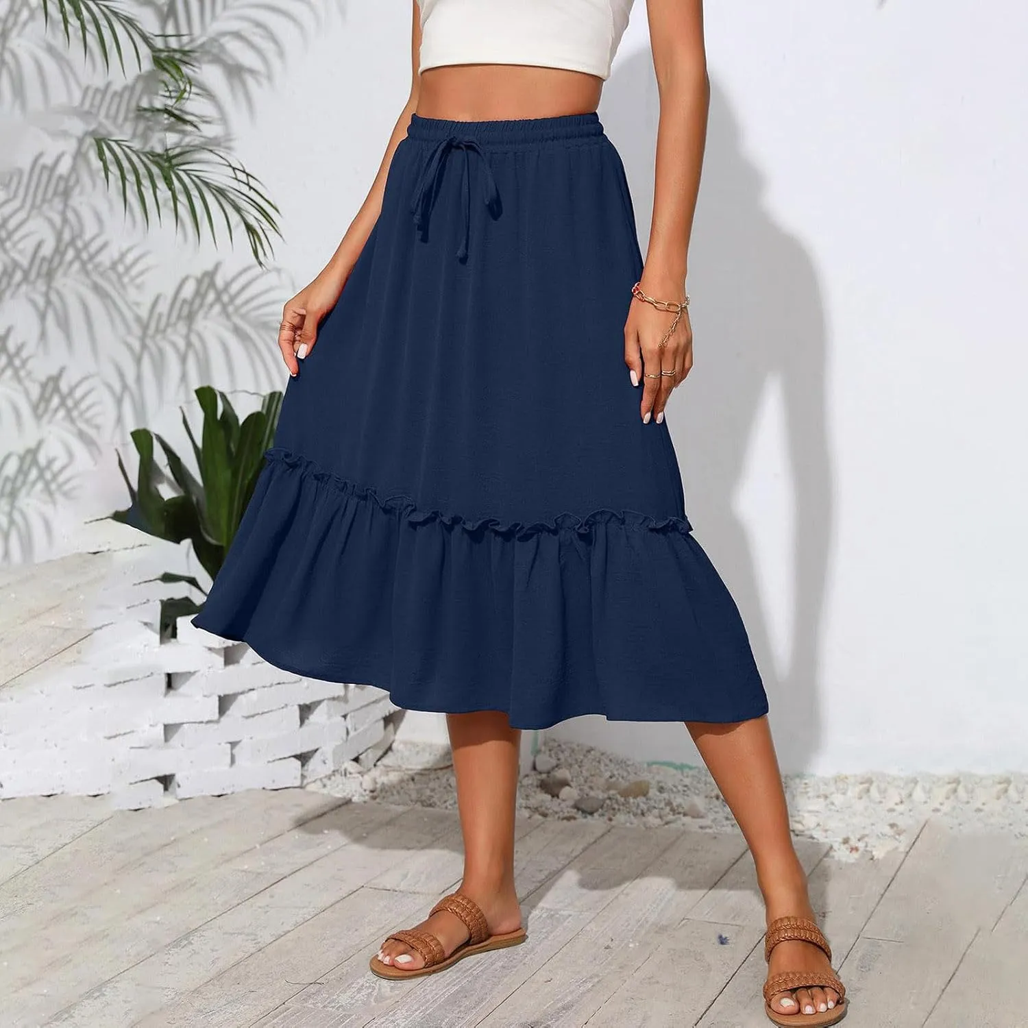 Midi Skirts for Women Casual Summer Boho Flowy Swing Ruffle Tiered A-Line Elastic Tie Waist Pleated Long Skirt Dress