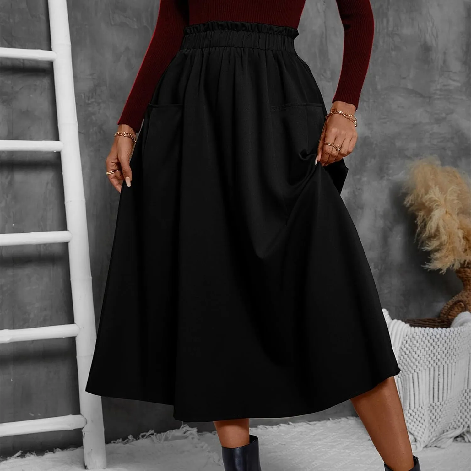 Midi Skirts for Women Elastic Smocked Waist A-Line Flared Long Solid Work Skirts with Pocket