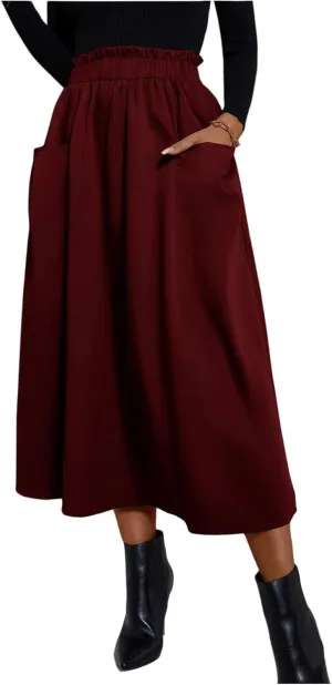 Midi Skirts for Women Elastic Smocked Waist A-Line Flared Long Solid Work Skirts with Pocket