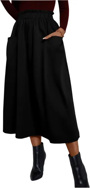 Midi Skirts for Women Elastic Smocked Waist A-Line Flared Long Solid Work Skirts with Pocket