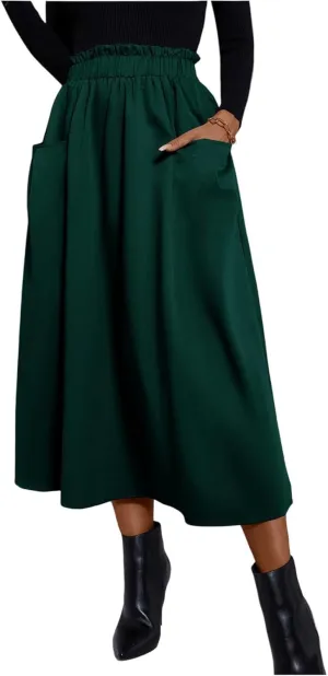 Midi Skirts for Women Elastic Smocked Waist A-Line Flared Long Solid Work Skirts with Pocket
