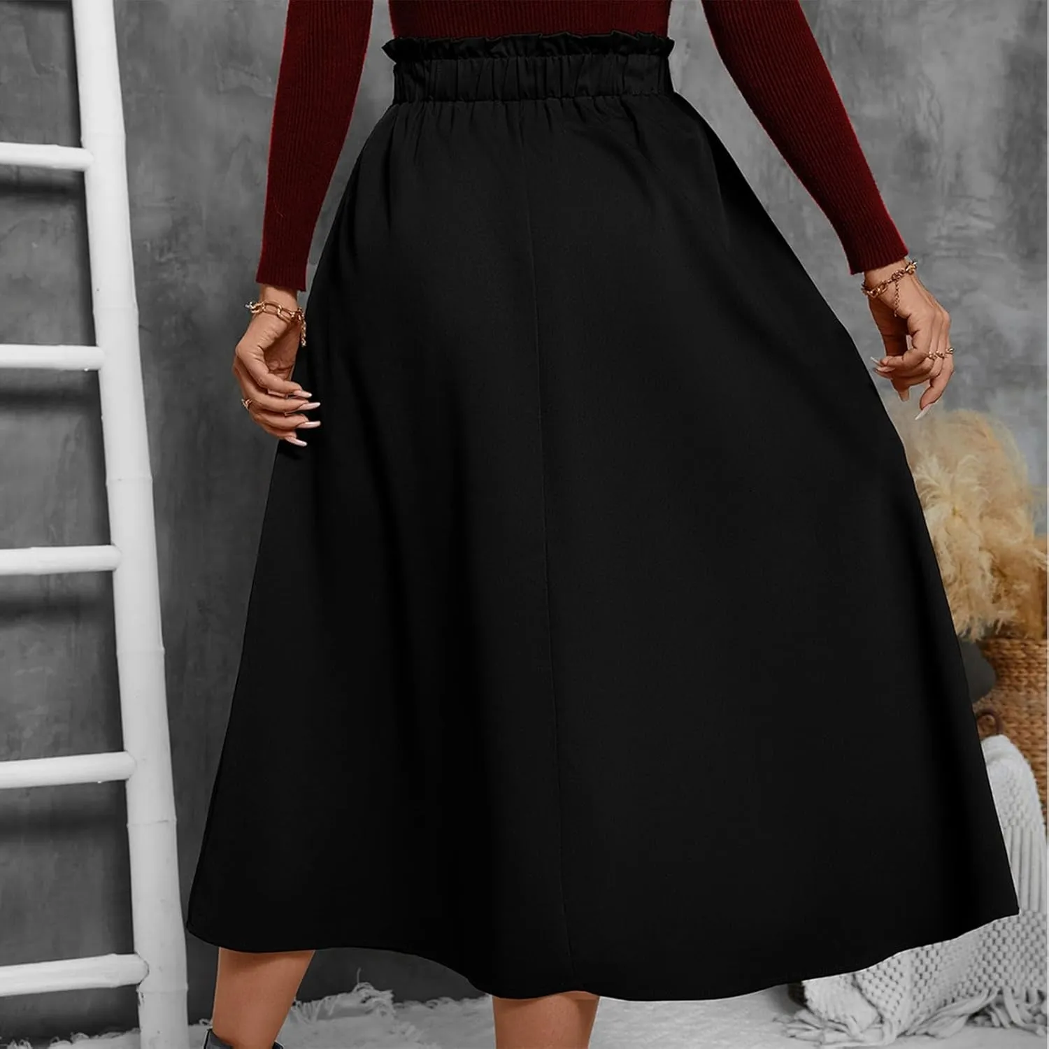 Midi Skirts for Women Elastic Smocked Waist A-Line Flared Long Solid Work Skirts with Pocket