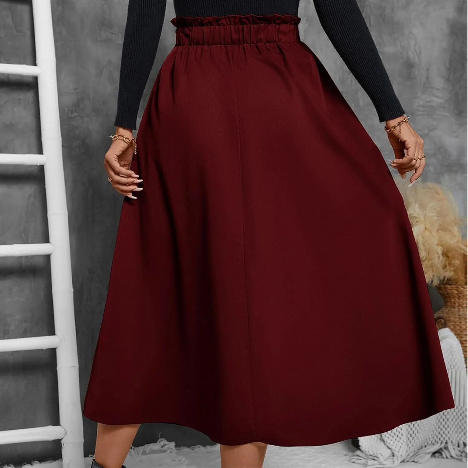 Midi Skirts for Women Elastic Smocked Waist A-Line Flared Long Solid Work Skirts with Pocket