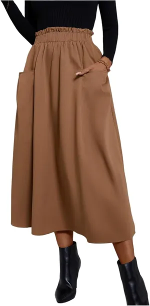 Midi Skirts for Women Elastic Smocked Waist A-Line Flared Long Solid Work Skirts with Pocket