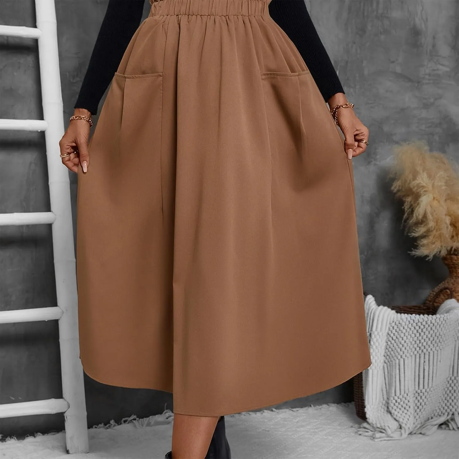 Midi Skirts for Women Elastic Smocked Waist A-Line Flared Long Solid Work Skirts with Pocket