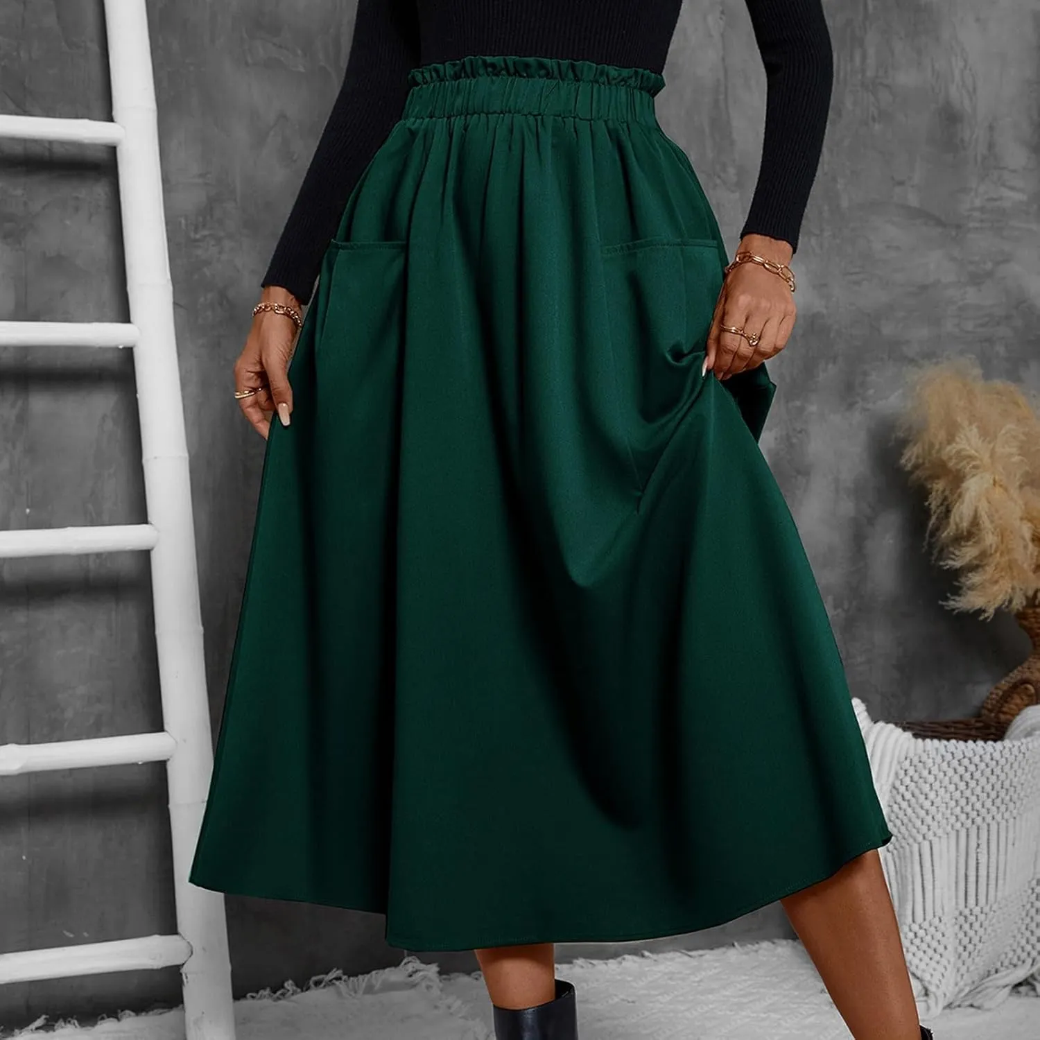 Midi Skirts for Women Elastic Smocked Waist A-Line Flared Long Solid Work Skirts with Pocket