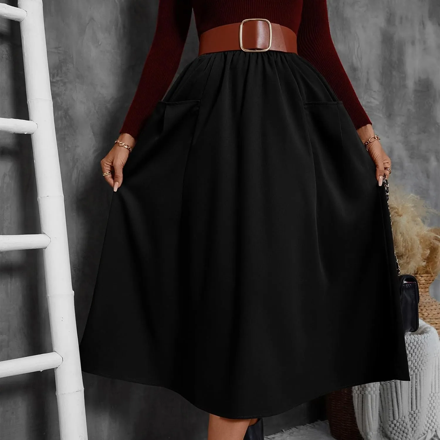 Midi Skirts for Women Elastic Smocked Waist A-Line Flared Long Solid Work Skirts with Pocket