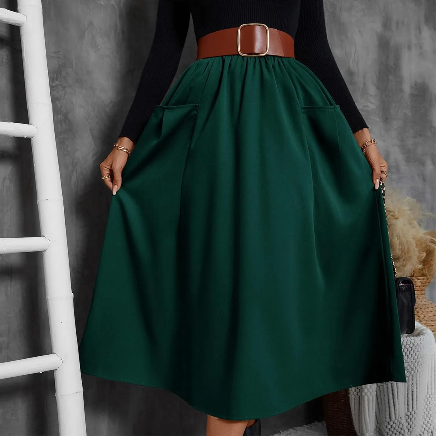Midi Skirts for Women Elastic Smocked Waist A-Line Flared Long Solid Work Skirts with Pocket