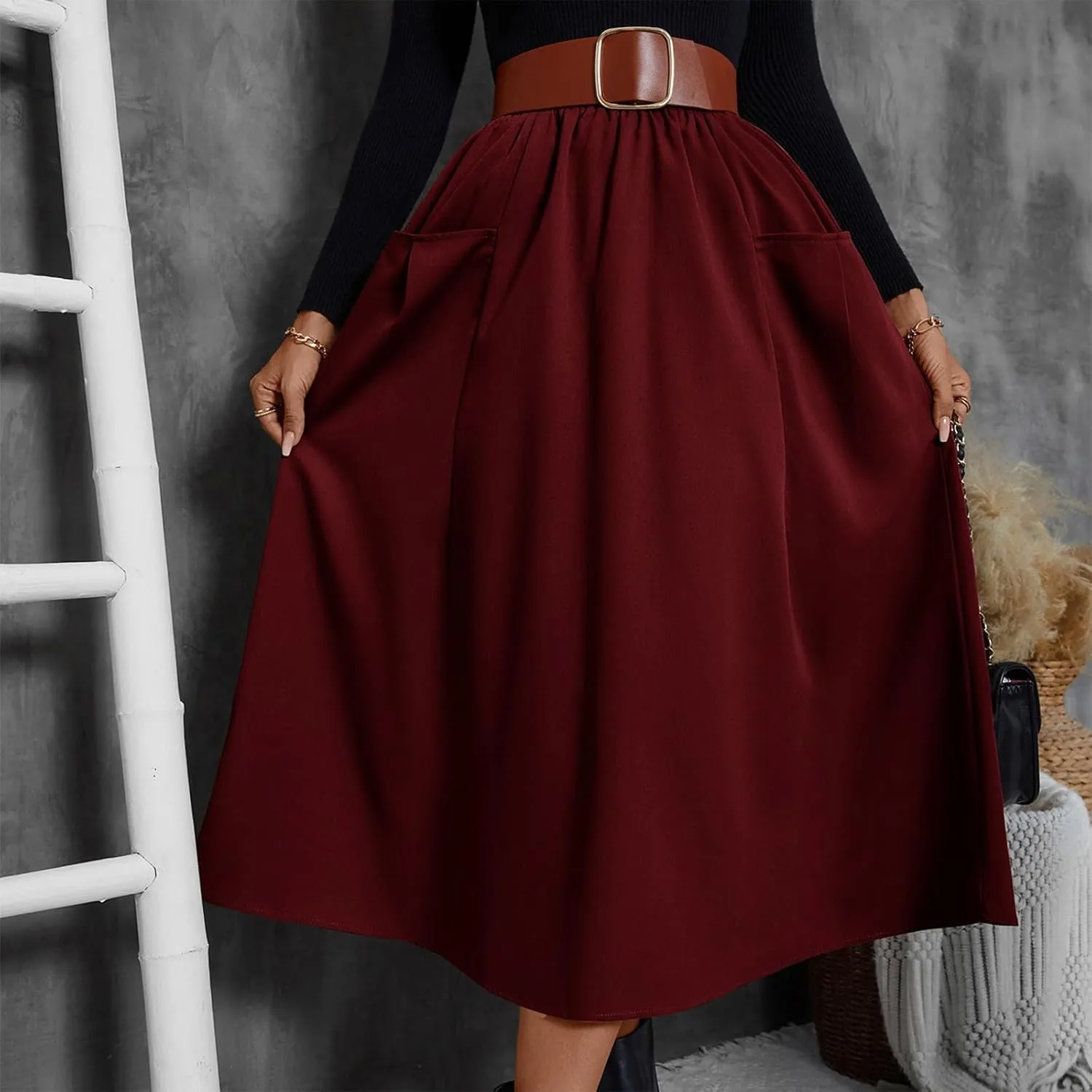 Midi Skirts for Women Elastic Smocked Waist A-Line Flared Long Solid Work Skirts with Pocket