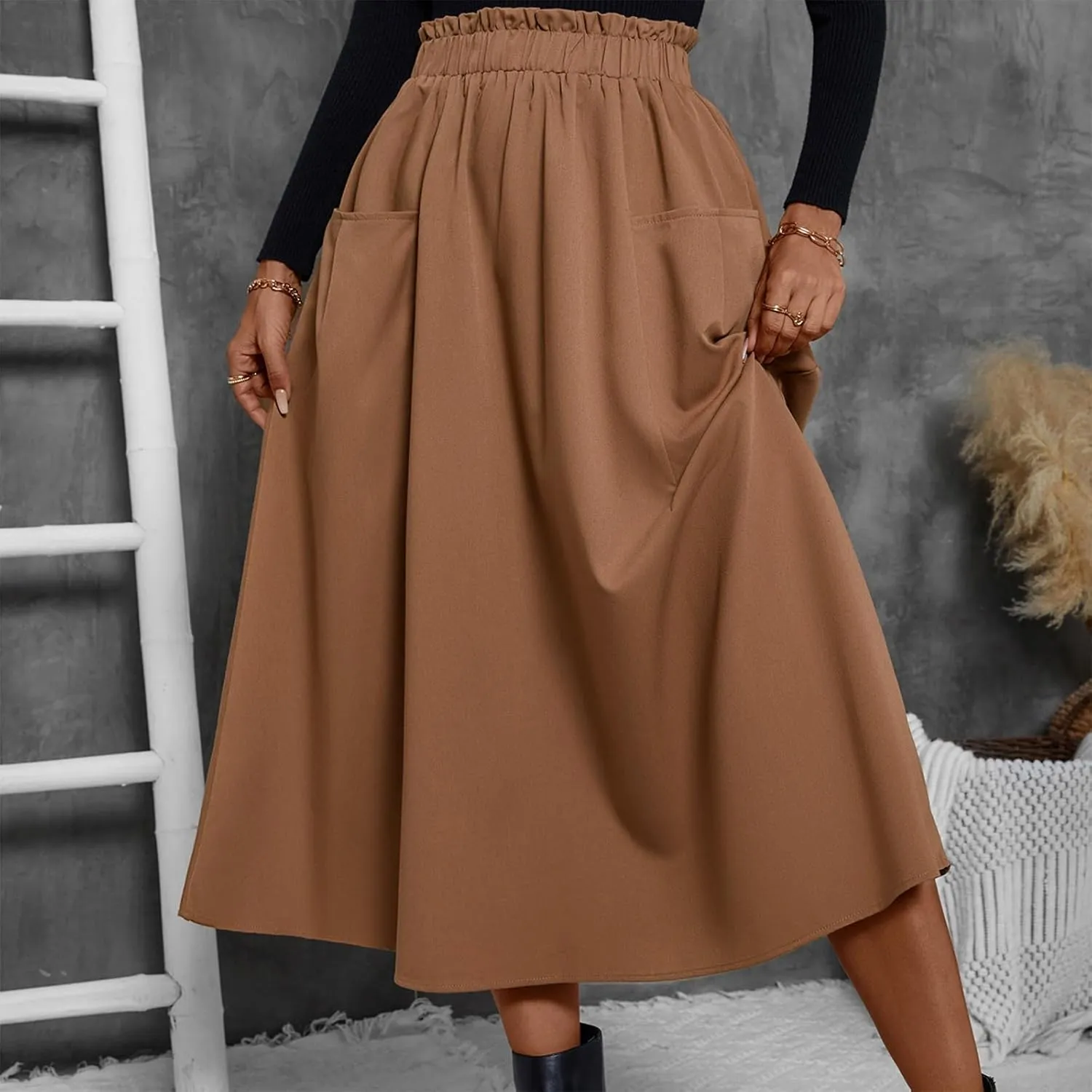 Midi Skirts for Women Elastic Smocked Waist A-Line Flared Long Solid Work Skirts with Pocket