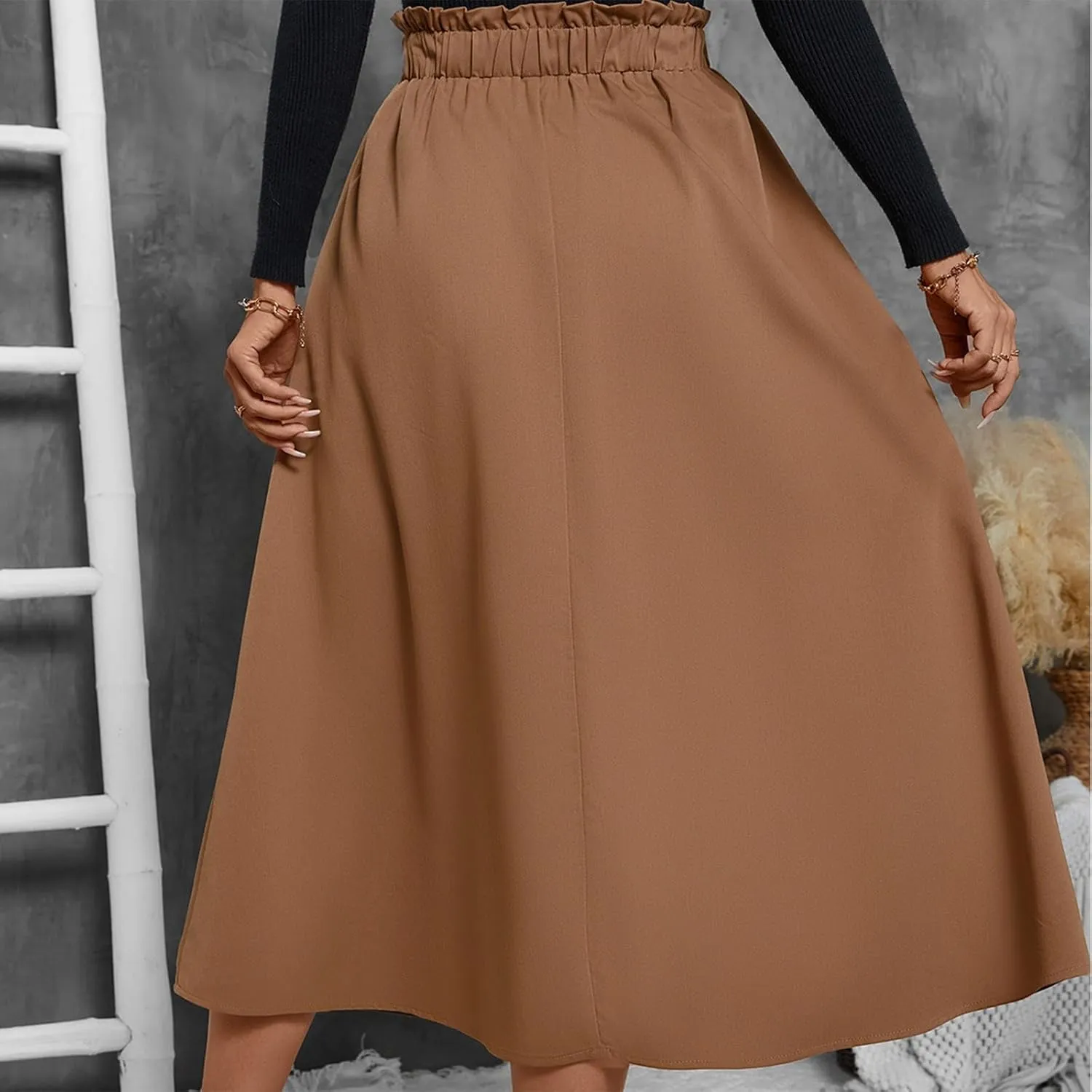 Midi Skirts for Women Elastic Smocked Waist A-Line Flared Long Solid Work Skirts with Pocket