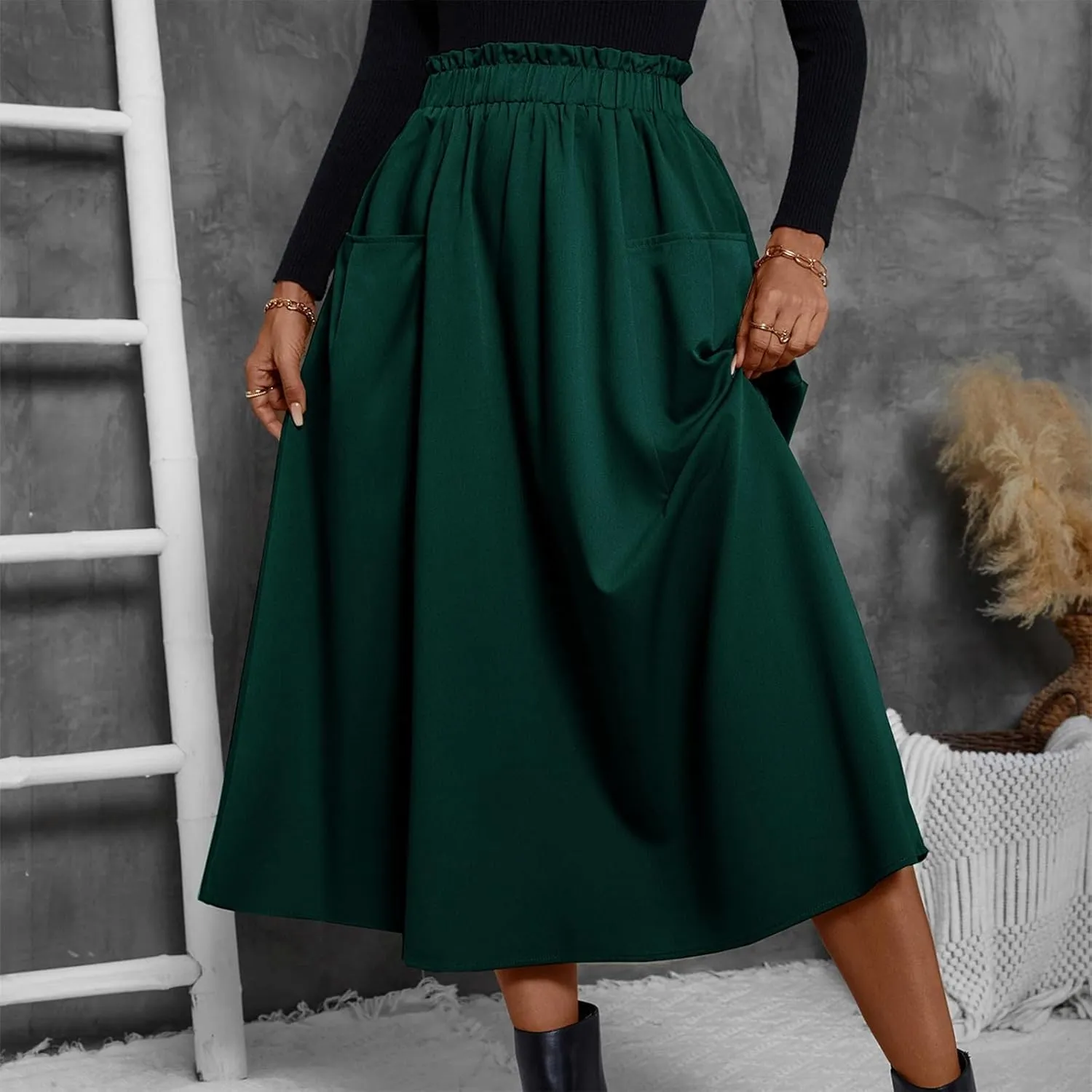 Midi Skirts for Women Elastic Smocked Waist A-Line Flared Long Solid Work Skirts with Pocket