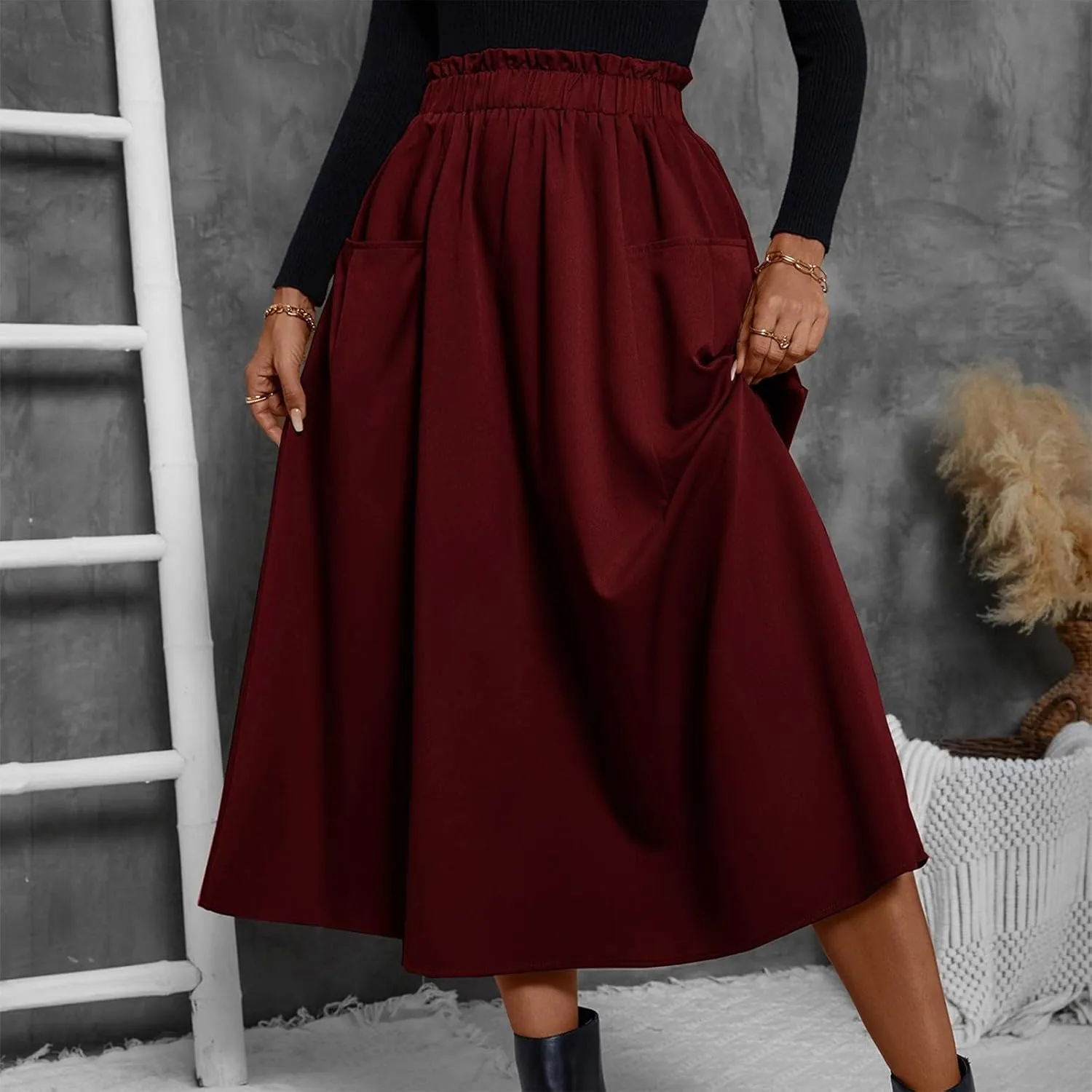 Midi Skirts for Women Elastic Smocked Waist A-Line Flared Long Solid Work Skirts with Pocket