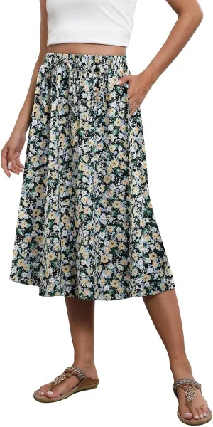 Midi Skirts for Women Knee Length Drawstring High Waisted Boho Floral Skirts Flowy A-Line Beach Skirt with Pockets
