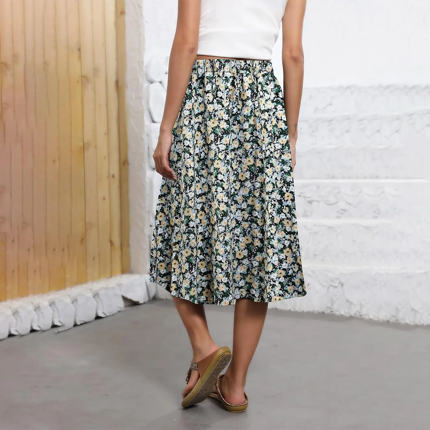 Midi Skirts for Women Knee Length Drawstring High Waisted Boho Floral Skirts Flowy A-Line Beach Skirt with Pockets