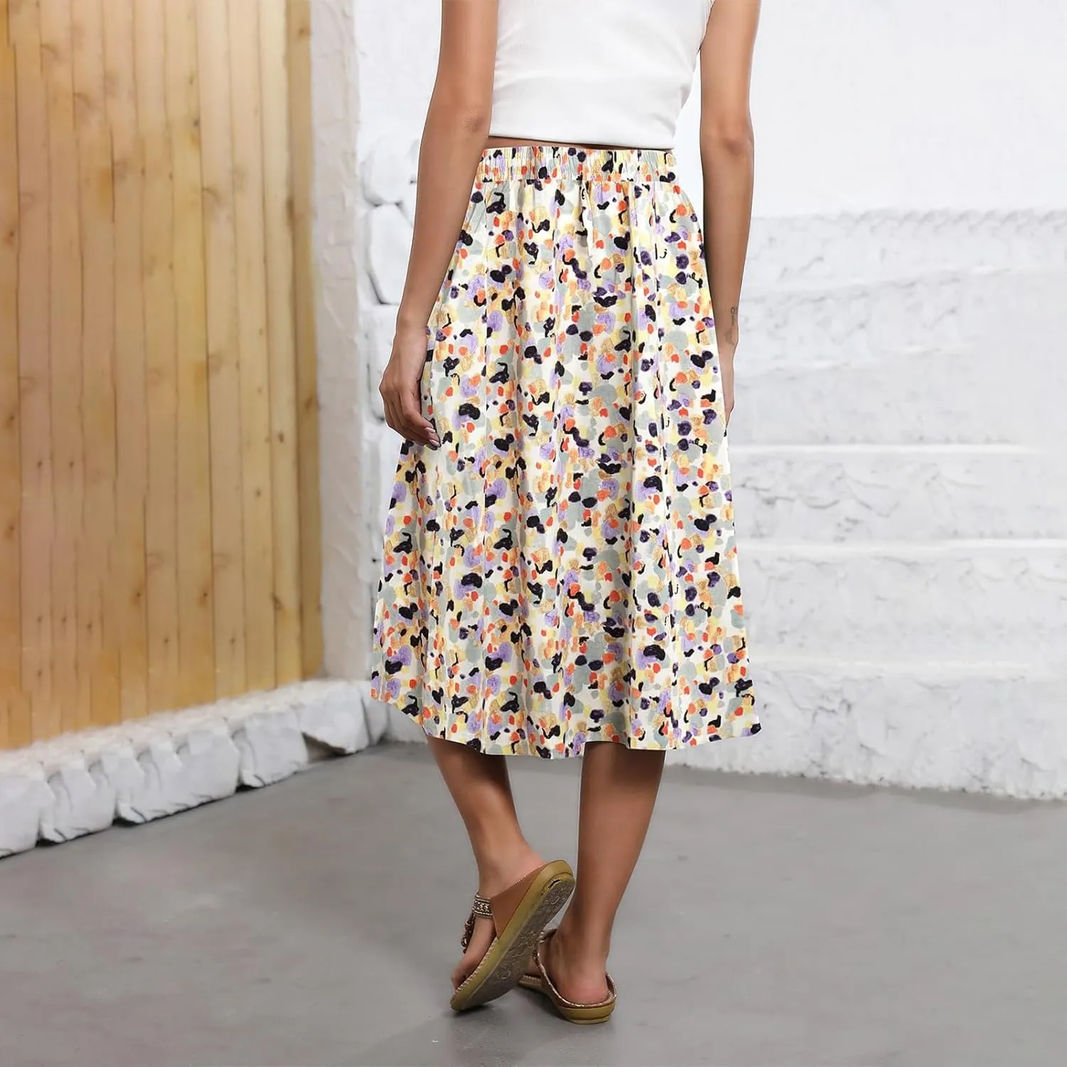 Midi Skirts for Women Knee Length Drawstring High Waisted Boho Floral Skirts Flowy A-Line Beach Skirt with Pockets