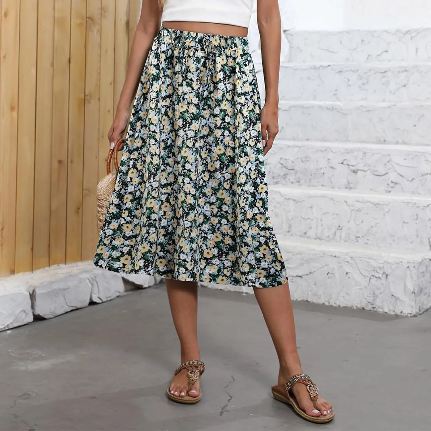 Midi Skirts for Women Knee Length Drawstring High Waisted Boho Floral Skirts Flowy A-Line Beach Skirt with Pockets