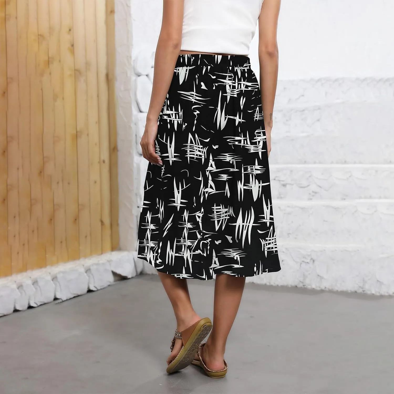 Midi Skirts for Women Knee Length Drawstring High Waisted Boho Floral Skirts Flowy A-Line Beach Skirt with Pockets
