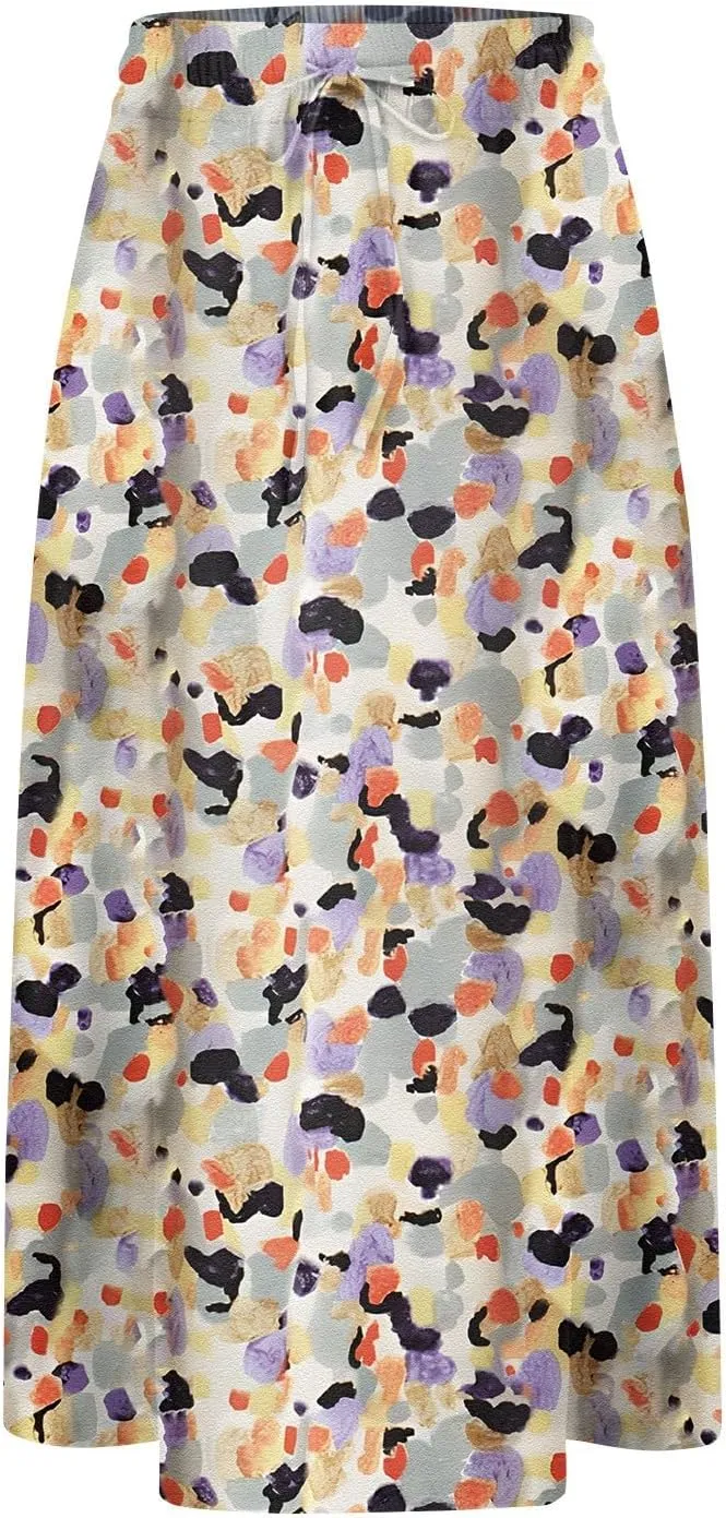 Midi Skirts for Women Knee Length Drawstring High Waisted Boho Floral Skirts Flowy A-Line Beach Skirt with Pockets