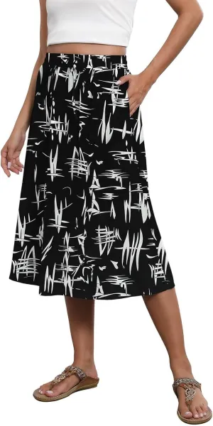 Midi Skirts for Women Knee Length Drawstring High Waisted Boho Floral Skirts Flowy A-Line Beach Skirt with Pockets