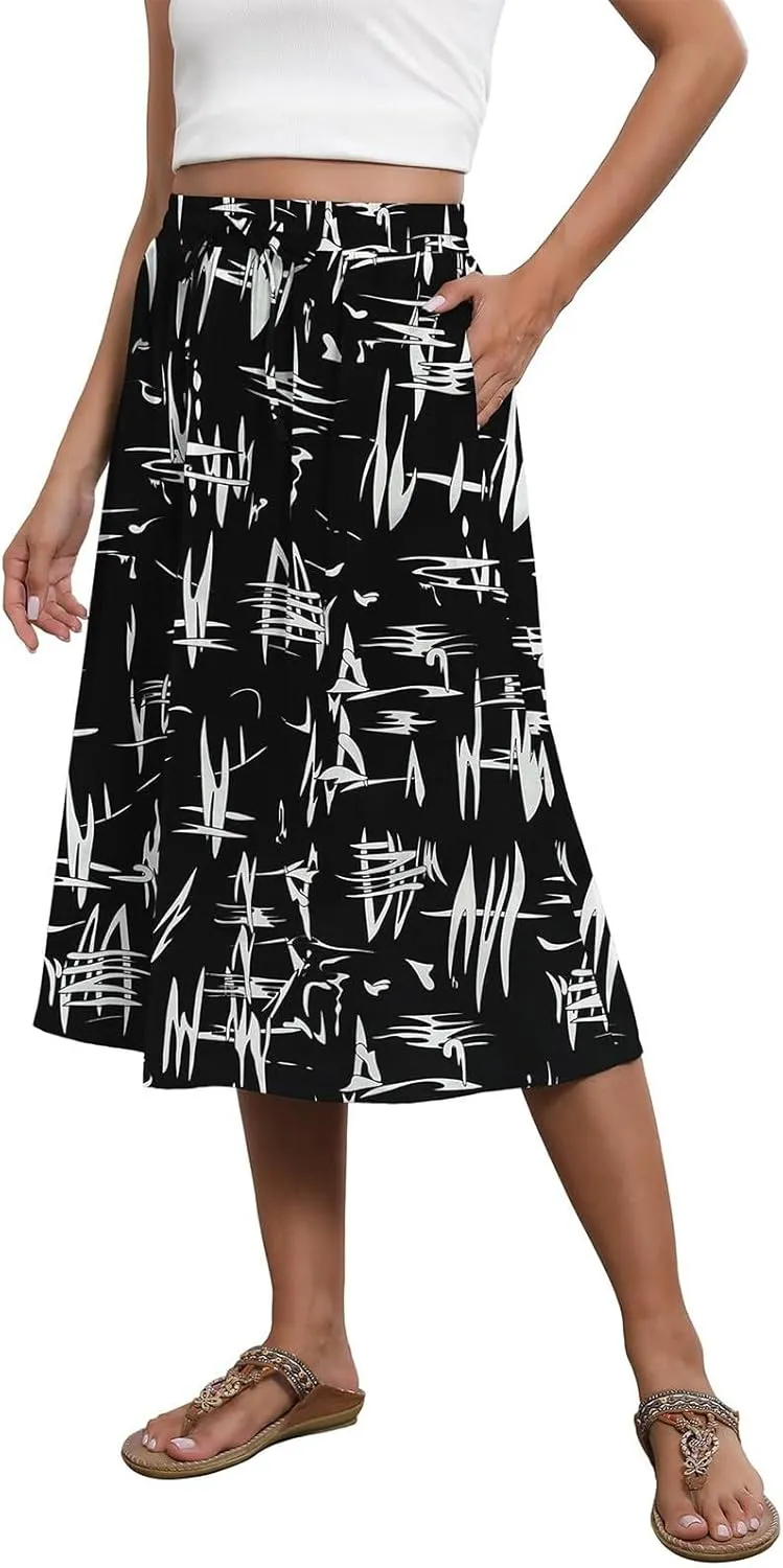 Midi Skirts for Women Knee Length Drawstring High Waisted Boho Floral Skirts Flowy A-Line Beach Skirt with Pockets
