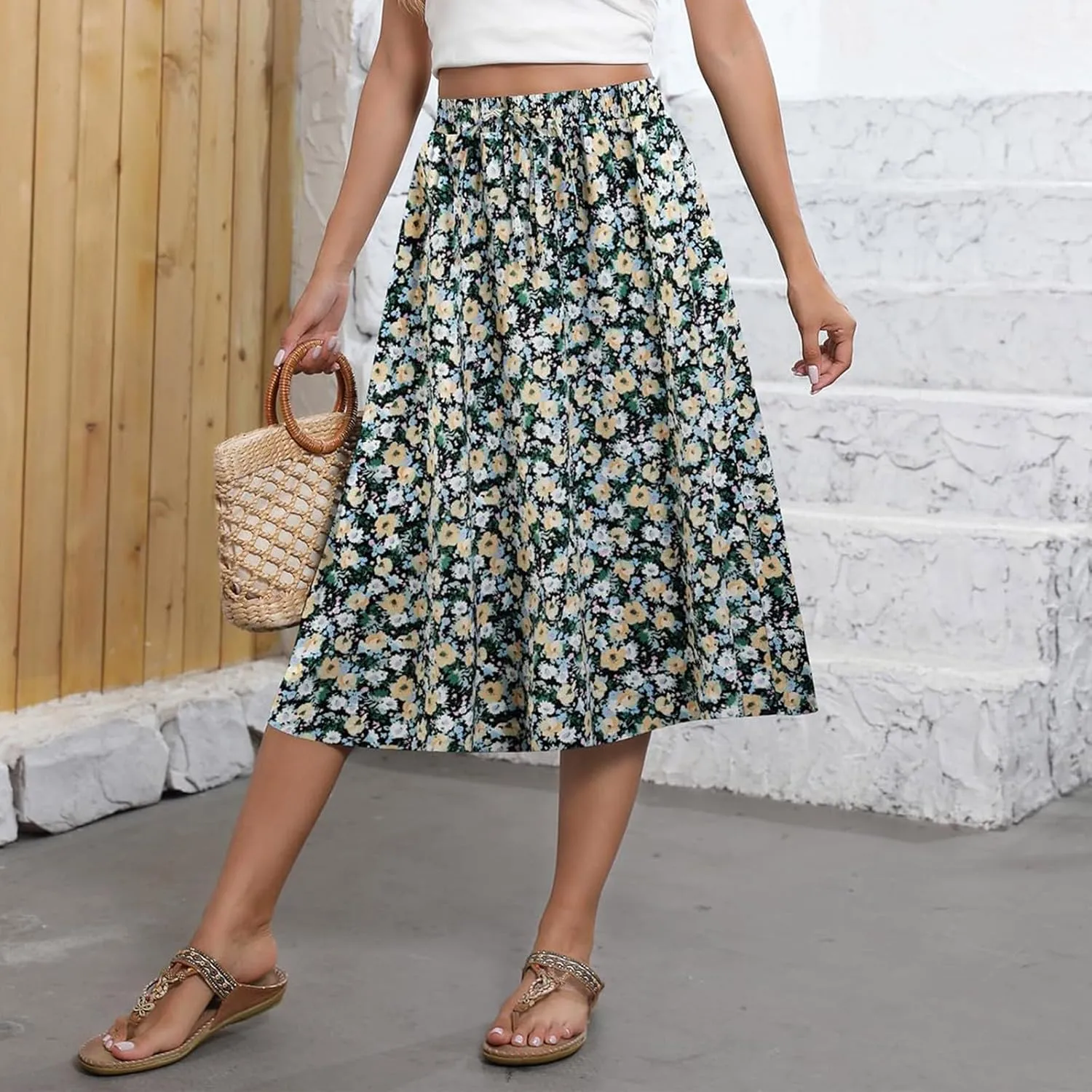 Midi Skirts for Women Knee Length Drawstring High Waisted Boho Floral Skirts Flowy A-Line Beach Skirt with Pockets