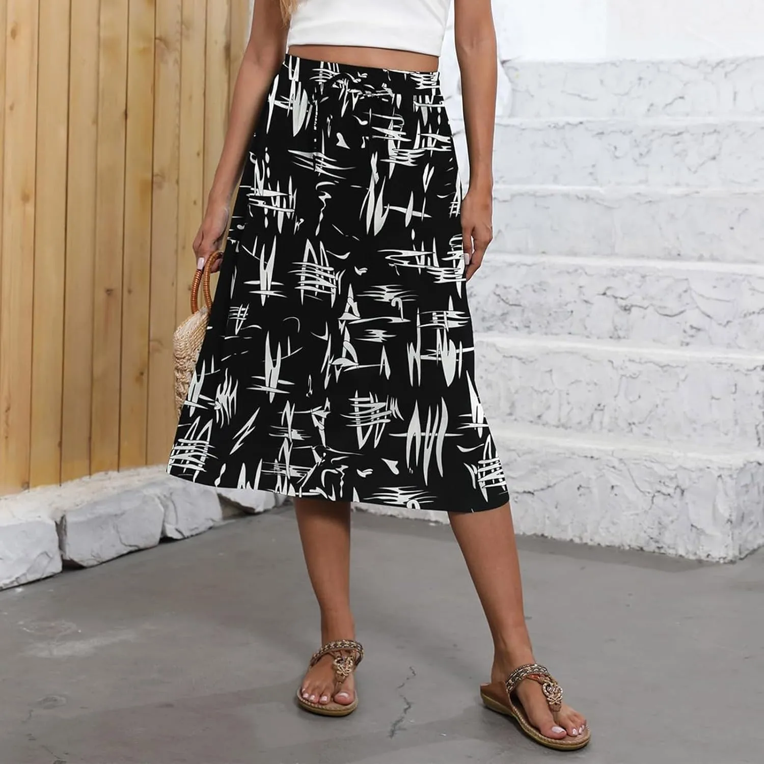 Midi Skirts for Women Knee Length Drawstring High Waisted Boho Floral Skirts Flowy A-Line Beach Skirt with Pockets