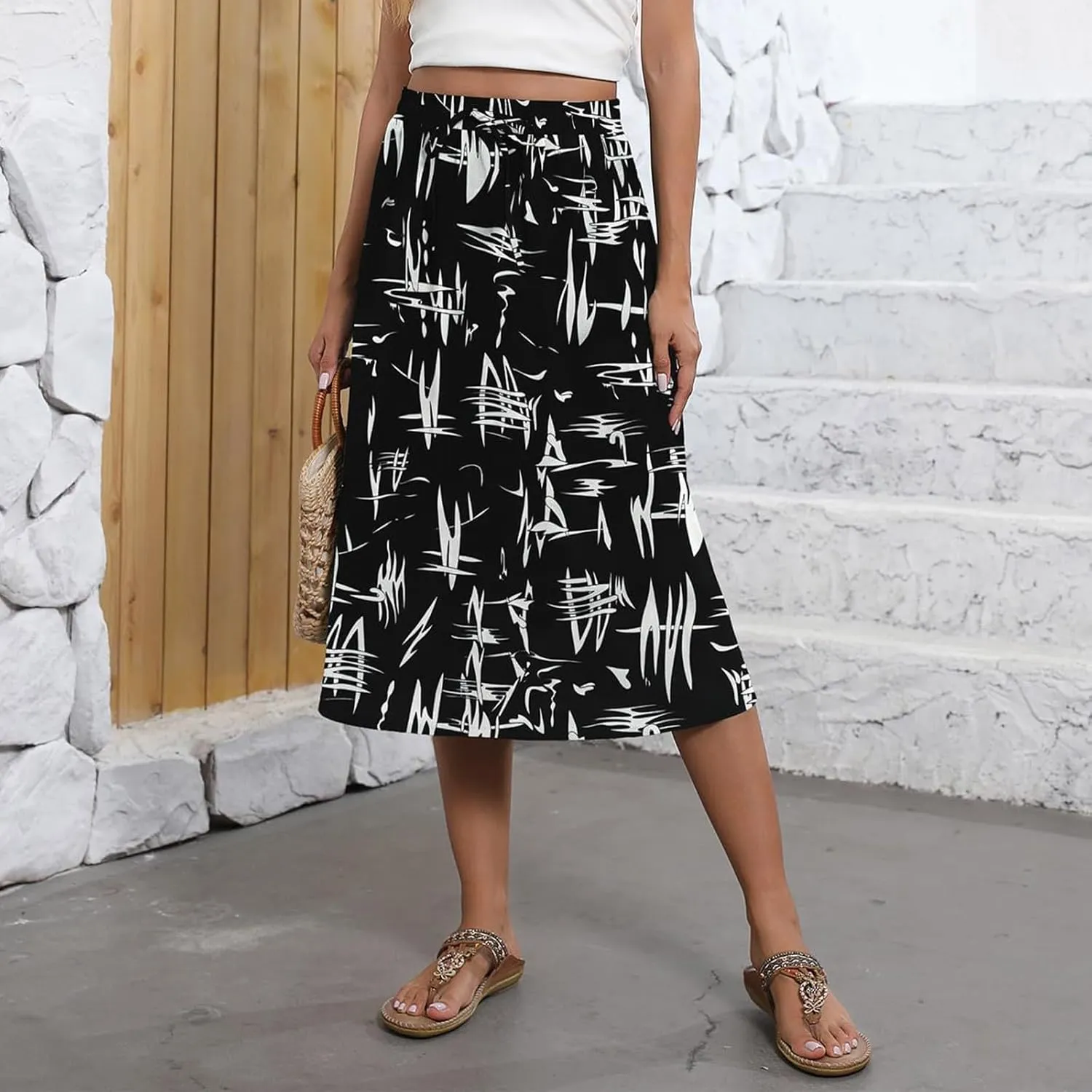 Midi Skirts for Women Knee Length Drawstring High Waisted Boho Floral Skirts Flowy A-Line Beach Skirt with Pockets