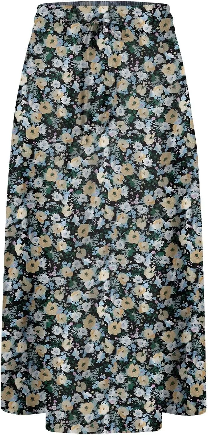 Midi Skirts for Women Knee Length Drawstring High Waisted Boho Floral Skirts Flowy A-Line Beach Skirt with Pockets
