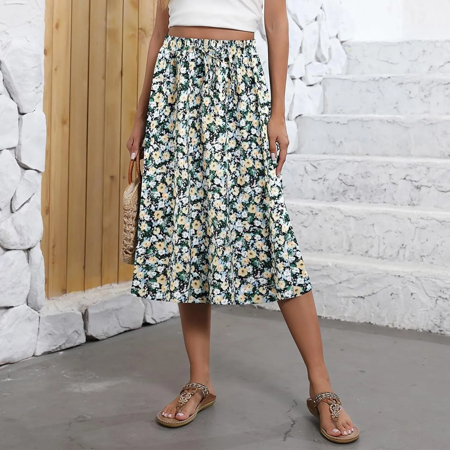 Midi Skirts for Women Knee Length Drawstring High Waisted Boho Floral Skirts Flowy A-Line Beach Skirt with Pockets
