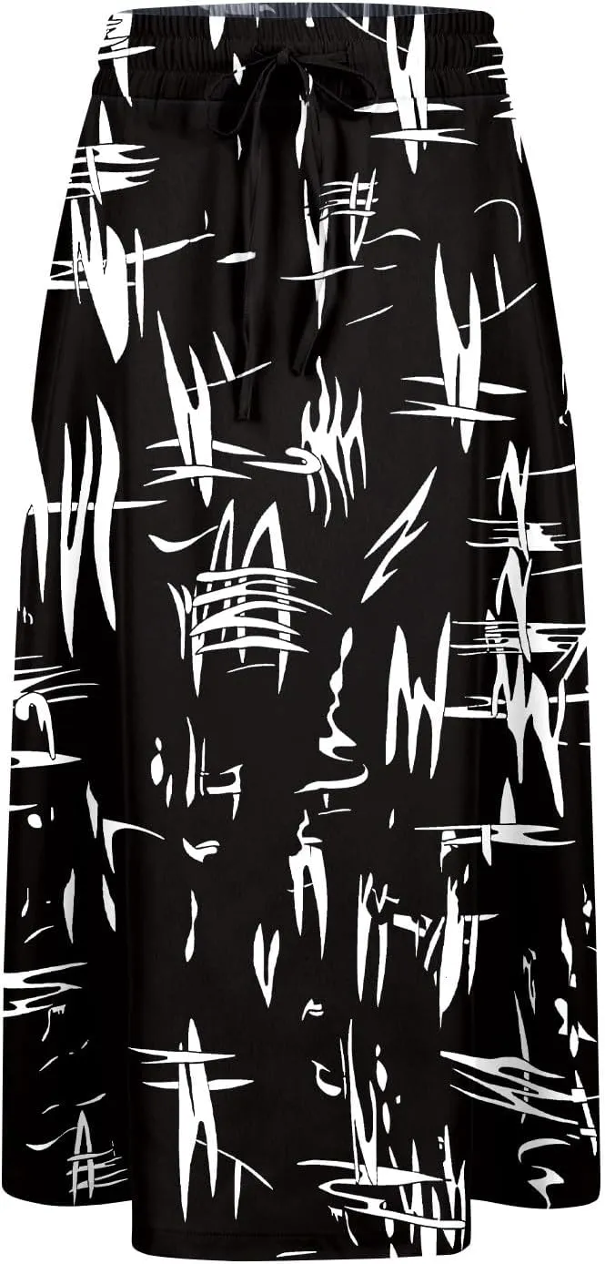 Midi Skirts for Women Knee Length Drawstring High Waisted Boho Floral Skirts Flowy A-Line Beach Skirt with Pockets