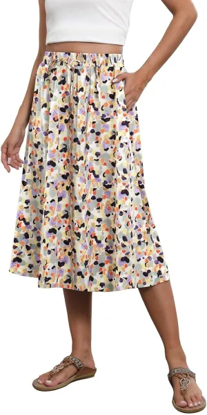 Midi Skirts for Women Knee Length Drawstring High Waisted Boho Floral Skirts Flowy A-Line Beach Skirt with Pockets