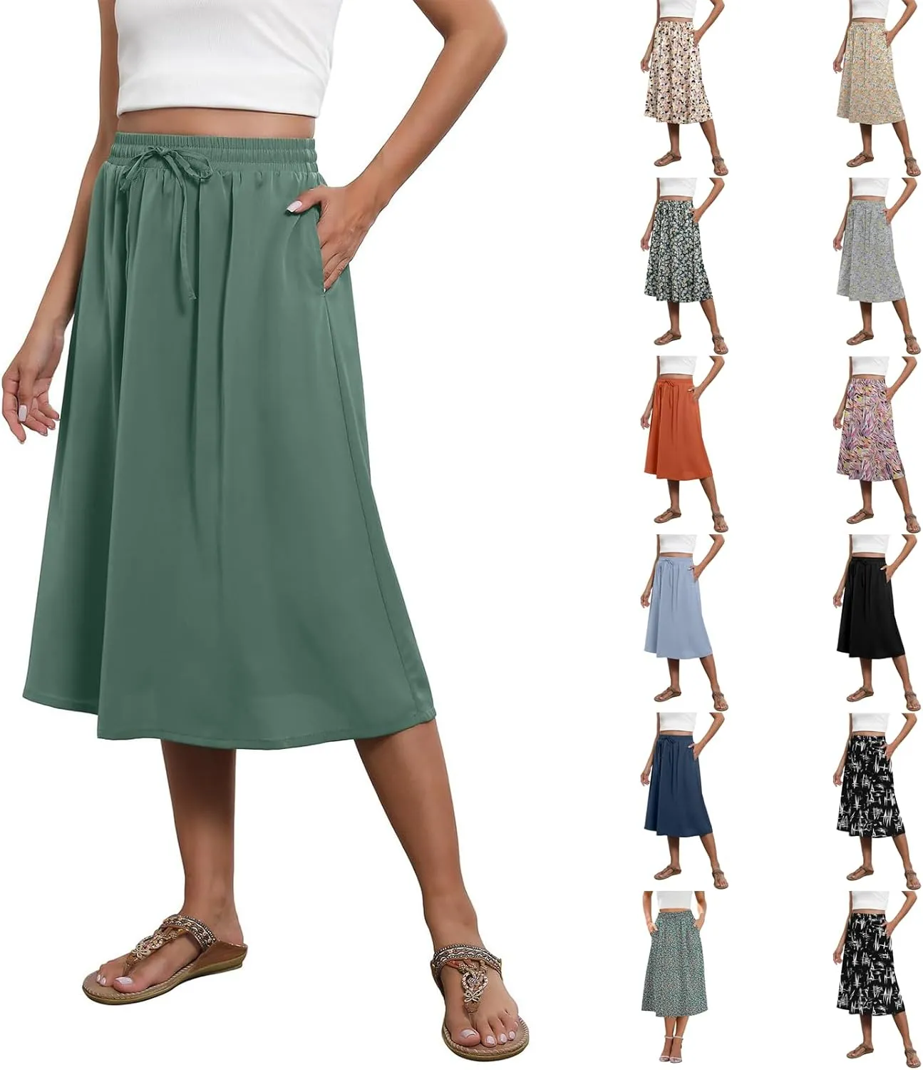 Midi Skirts for Women Trendy Summer Drawstring High Waisted Floral Boho Skirts Cute A Line Flowy Skirt with Pockets