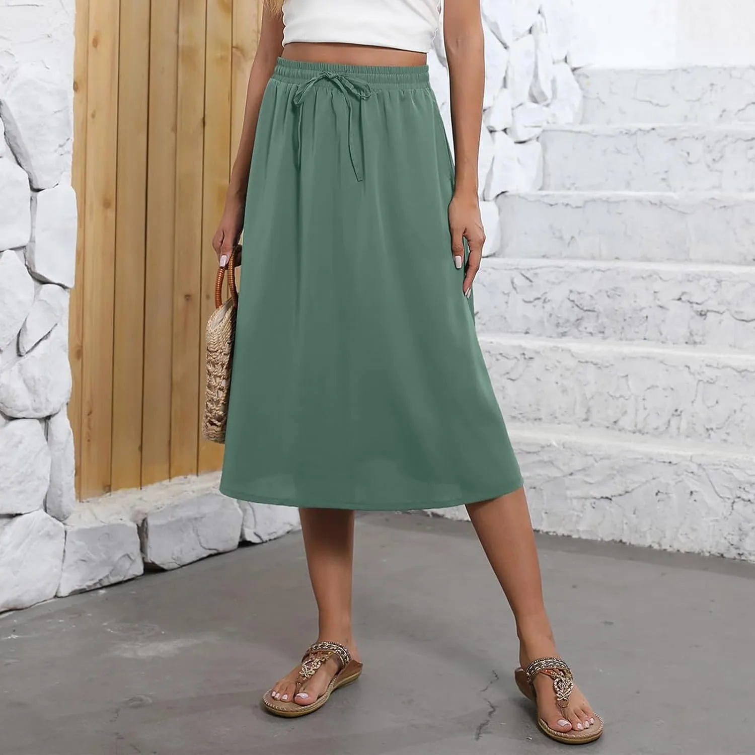 Midi Skirts for Women Trendy Summer Drawstring High Waisted Floral Boho Skirts Cute A Line Flowy Skirt with Pockets